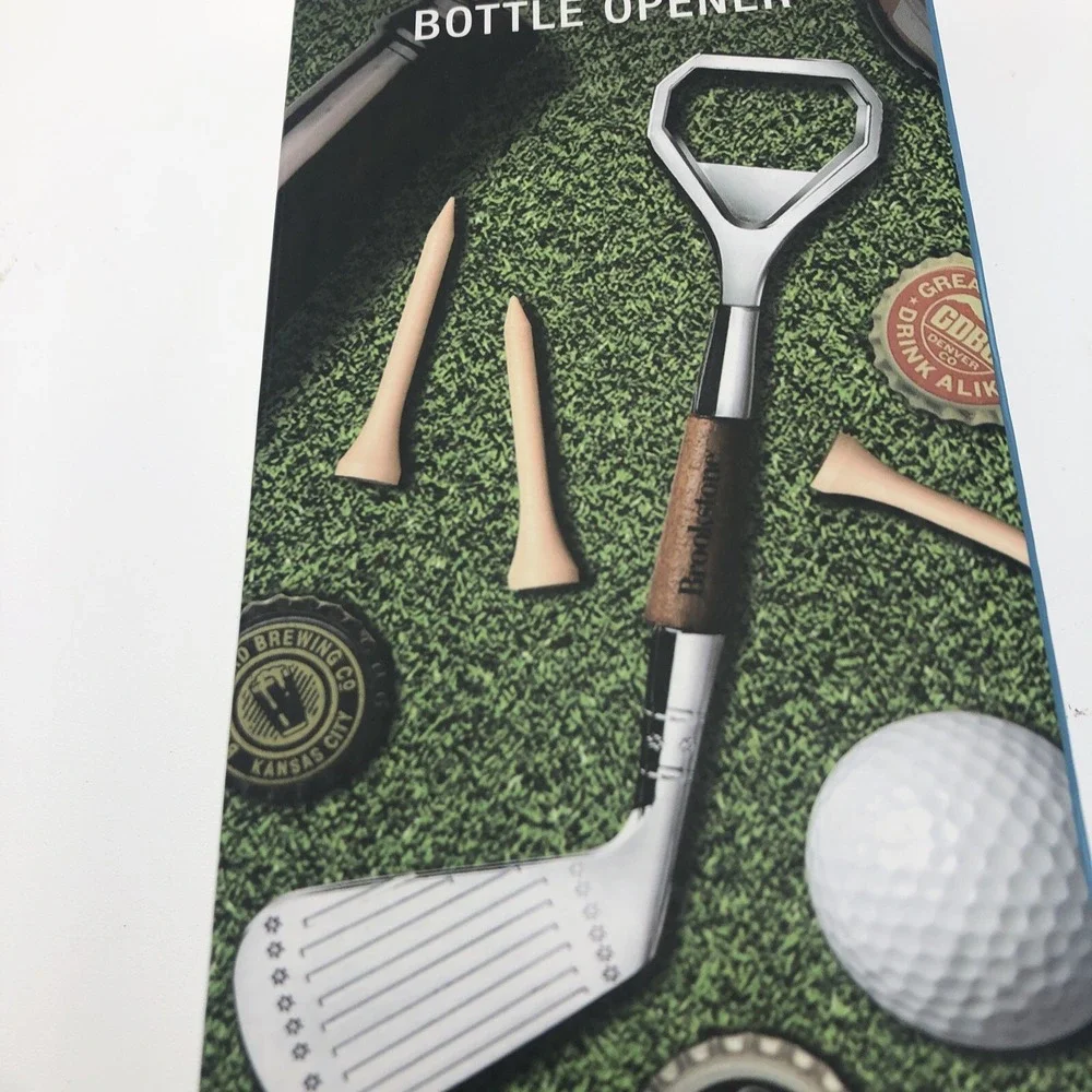 Brookstone Golf Club Bottle Opener Beer Soda New W Box Nickel Plated Wood Accent